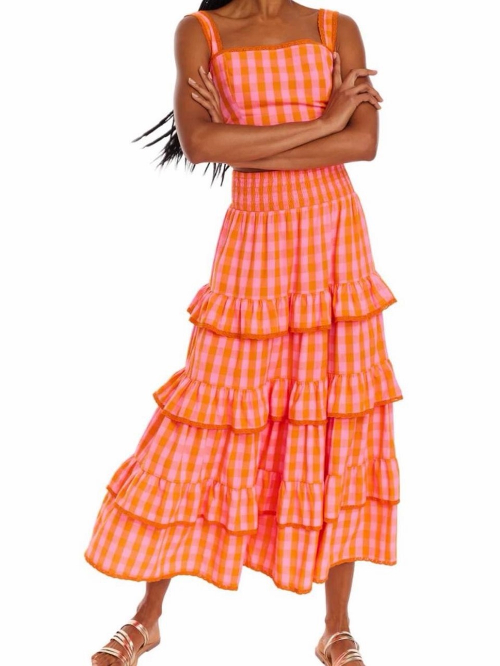 Smocked Waist Pink & Orange Gingham Tiered Maxi Skirt